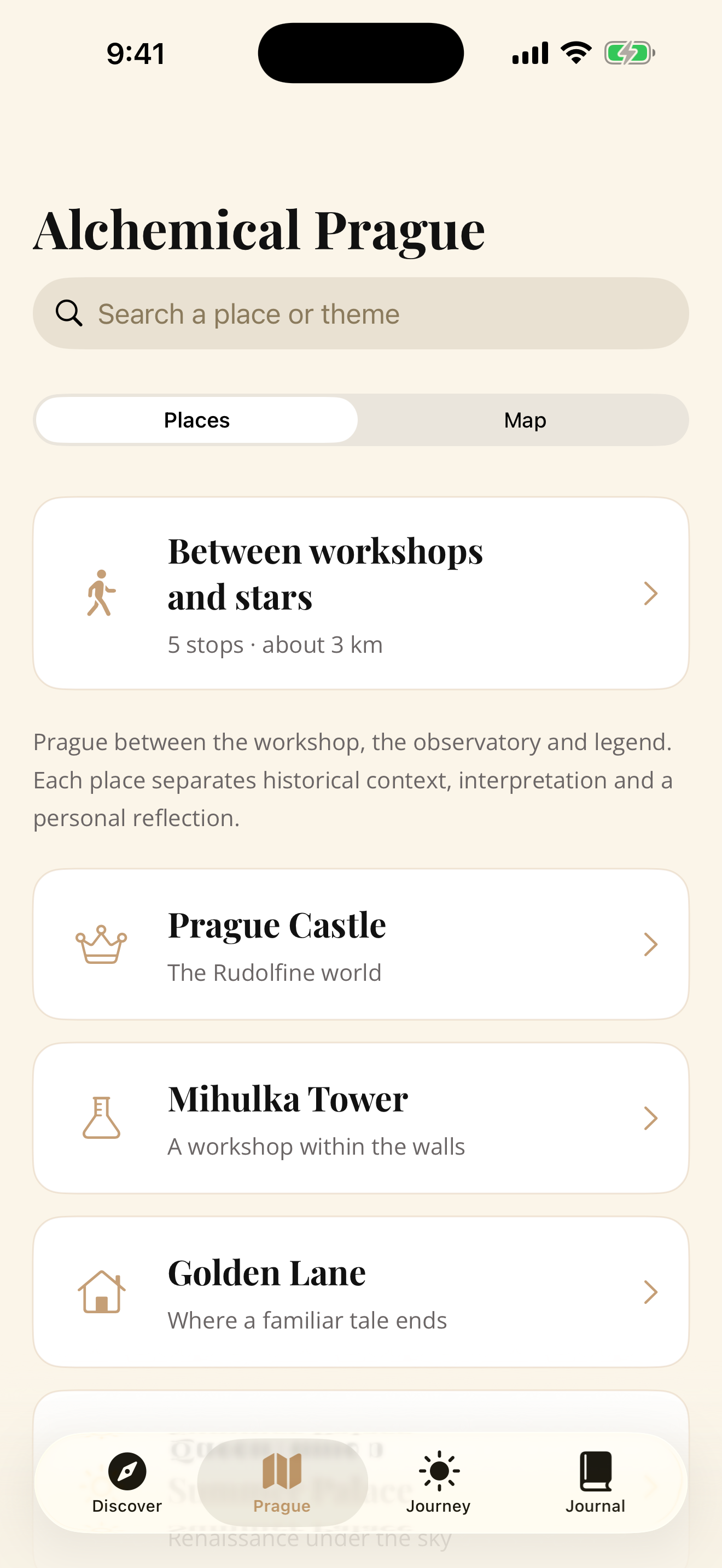 Actual Alchymistka app preview: Alchemical Prague guide with places, a map and a walking route