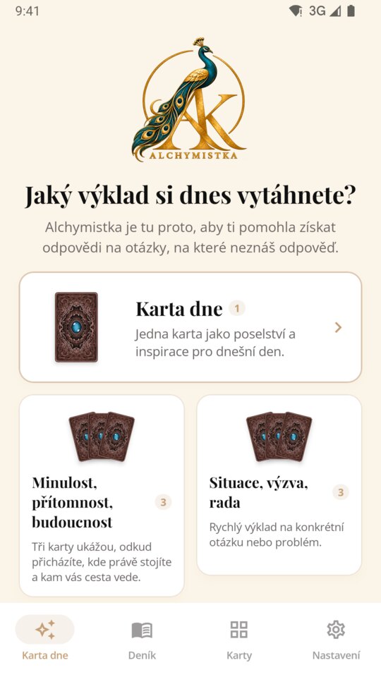 Úvodní obrazovka s výběrem výkladů