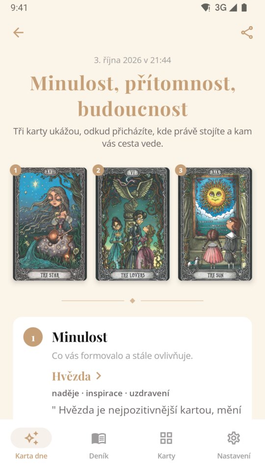 Výklad Minulost, přítomnost, budoucnost se třemi kartami